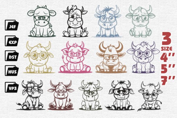 Set of 13 Cow with Sad Face Embroidery